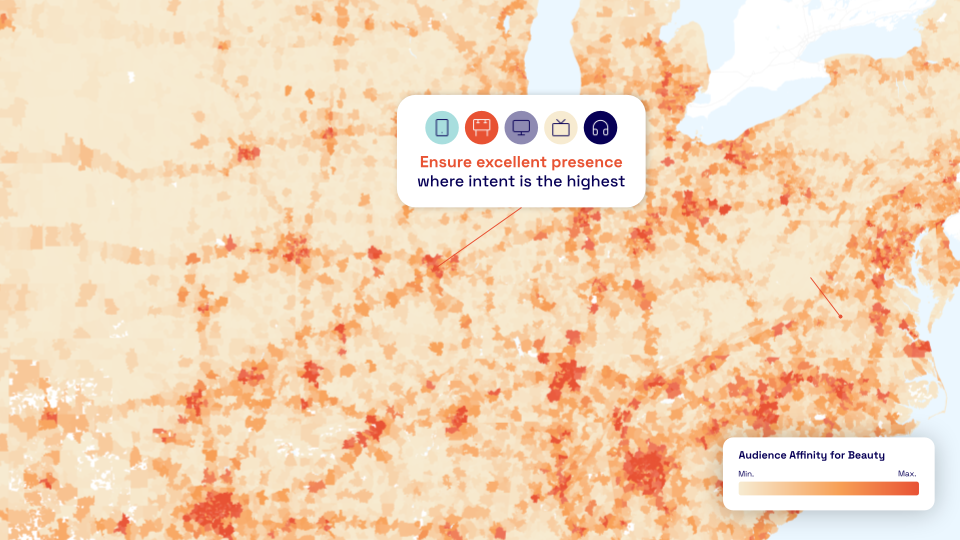 Heatmap showing audience affinity for beauty products in the United States, with a focus on ensuring excellent presence where purchase intent is highest.