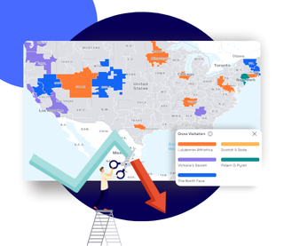 Illustration of a person on a ladder analyzing upward and downward arrows over a US map showing cross-visitation data between retail brands in different colored regions.