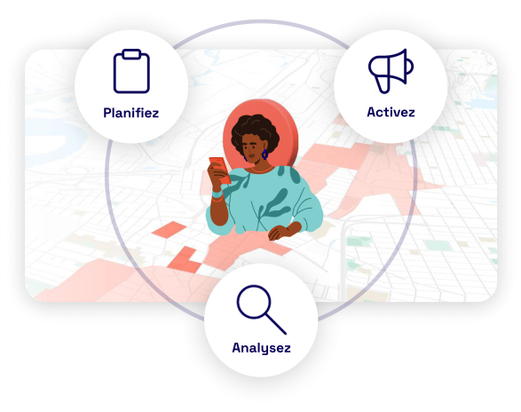 Une femme qui regarde son téléphone. Autour d'elle les mots planifiez, activez, analysez