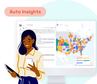 Illustration of a woman holding a tablet, standing next to a computer screen showing a U.S. map with automotive trend data and Locala’s Insights AI interface. The label "Auto Insights" is shown at the top.