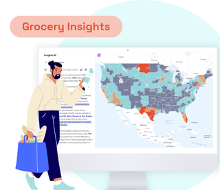 llustration of a shopper holding a phone and grocery bag, standing beside a computer screen displaying a U.S. map with grocery trend data and Locala’s Insights AI interface. The label "Grocery Insights" appears at the top.
