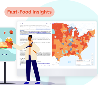 Illustration of a person holding a burger and fries, standing in front of a computer screen displaying fast-food consumer insights and a heat map of the U.S.