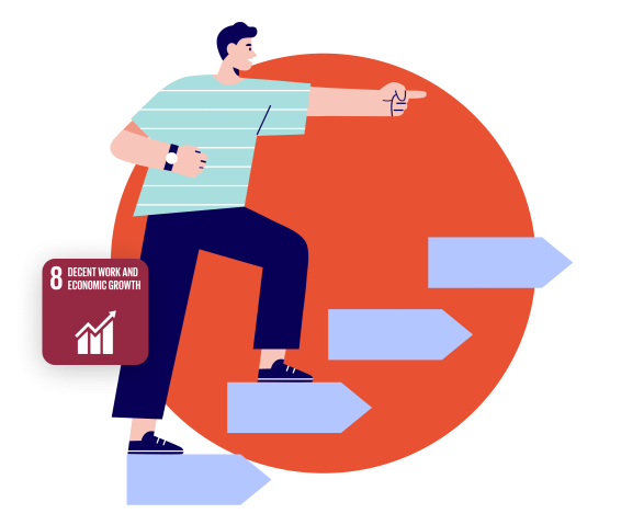 An illlustration of a man climbing steps and looking towards the future