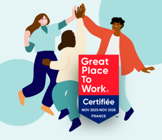 Illustration of people joining hands and Logo of Great place to Work, written certified from november 25 to november 26 for France