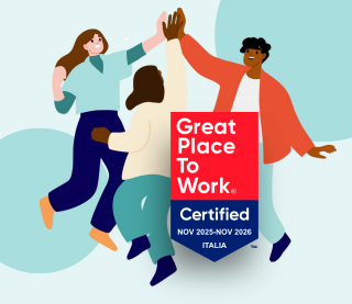 Illustration of people joining hands and Logo of Great place to Work, written certified from november 25 to november 26 for Italy