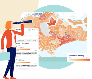 Thumbnail with a woman looking to a heatmap and some elements of omniplanner platform showing how to look for the more carrying area for a brand