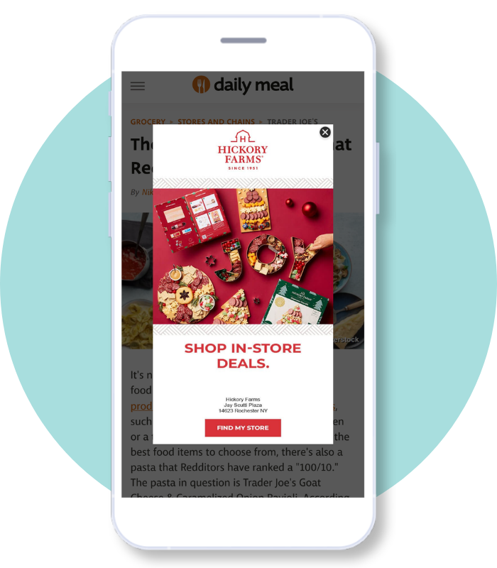 Ad for hickory farms showing a full screen display. With a clickable button to find the nearest store