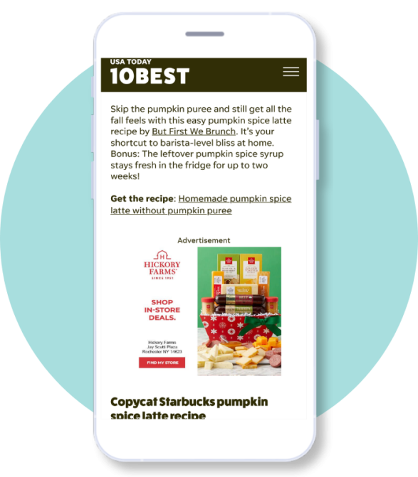 An ad for Hickory farms enbedded in an article. With a clickable button to find the nearest store