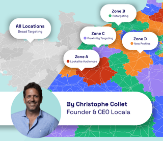 Christophe Collet headshot + heat map of France divided in two. First part is grey, the strategy is uniform across location. Second part is colored, showing different strategy across locations