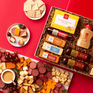 display of a hickory farms basket with christmas goods
